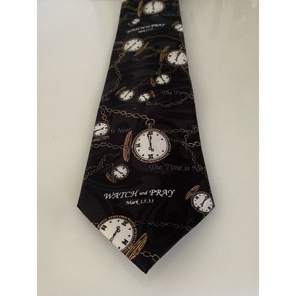Appointed Apparel Watch and Pray Black Gold Christian Silk Tie Vintage 4" x 59" - Picture 12 of 16
